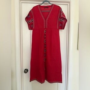 Zara V Neck Embroidered Cotton Red Dress, XS, NWOT